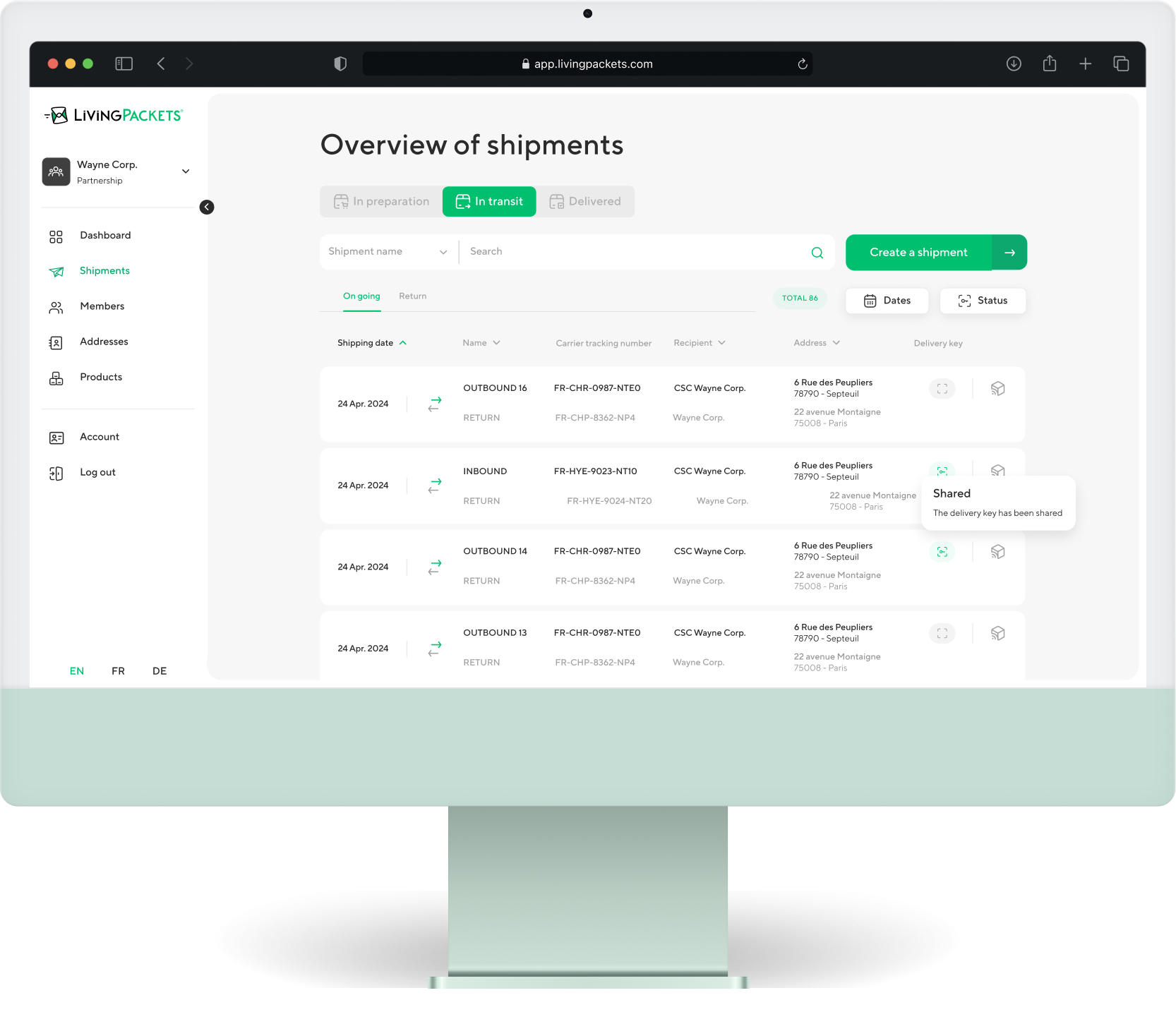 WebApp LivingPackets sur iMac